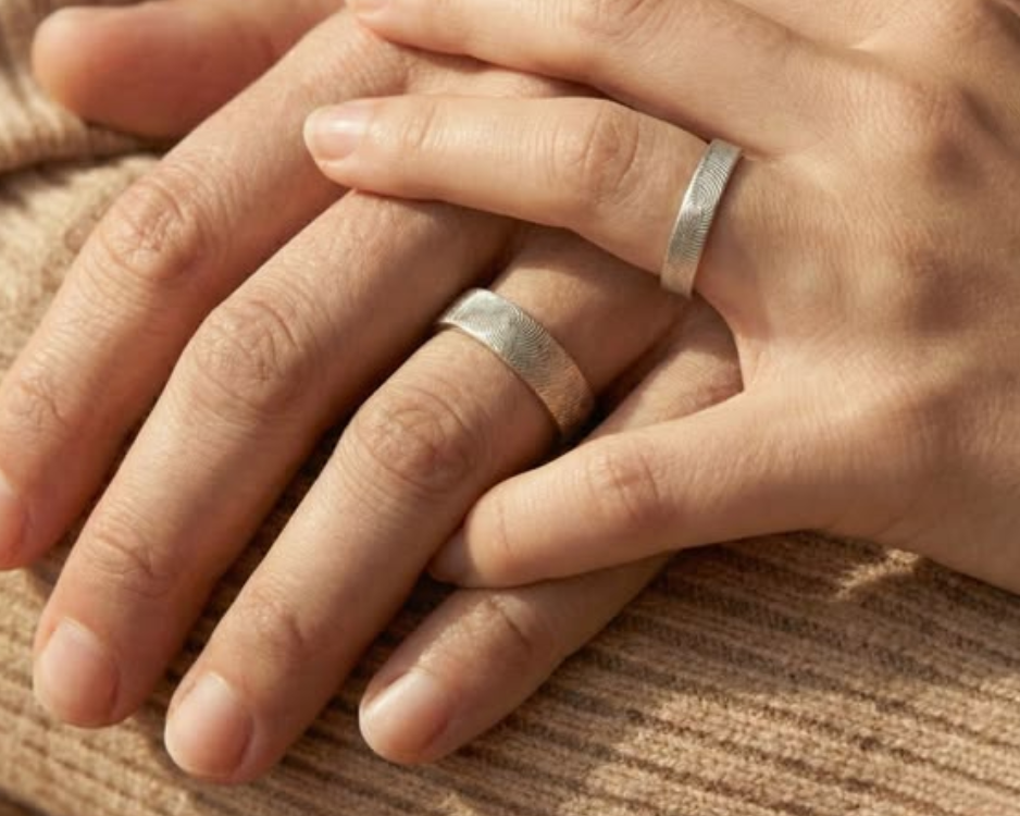 Close-up of couple holding hands wearing matching engraved fingerprint rings, minimalist silver bands symbolizing love, commitment, and connection, personalized couples jewelry for weddings or anniversaries.