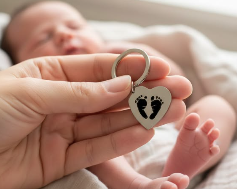 Hand holding a silver heart-shaped keychain engraved with baby footprints in front of a softly blurred newborn lying on a bed, creating a sentimental keepsake scene for new parents and family.