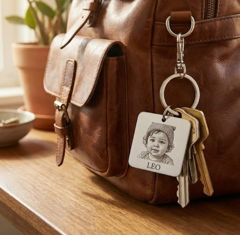 Custom square baby portrait keychain engraved with a child’s face and name hanging from keys on a rich brown leather bag, styled in warm natural light as a sentimental everyday keepsake.