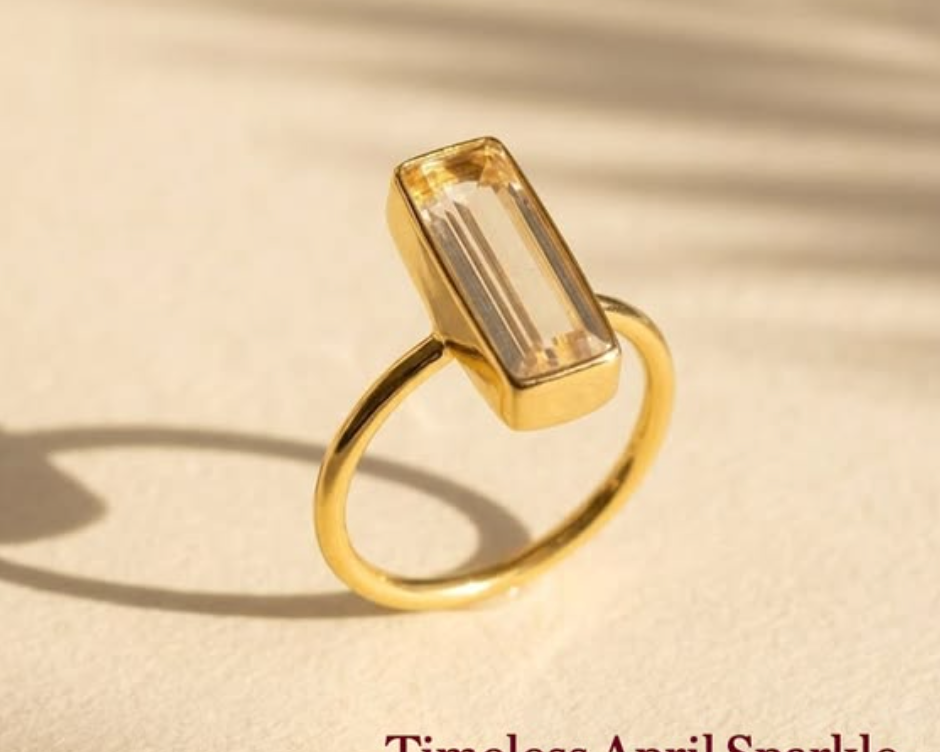 Clear quartz April birthstone bar ring in gold on neutral background, minimalist gemstone jewelry, elegant gift for Mother’s Day, birthday ring, bridal jewelry, wedding accessories, modern dainty ring