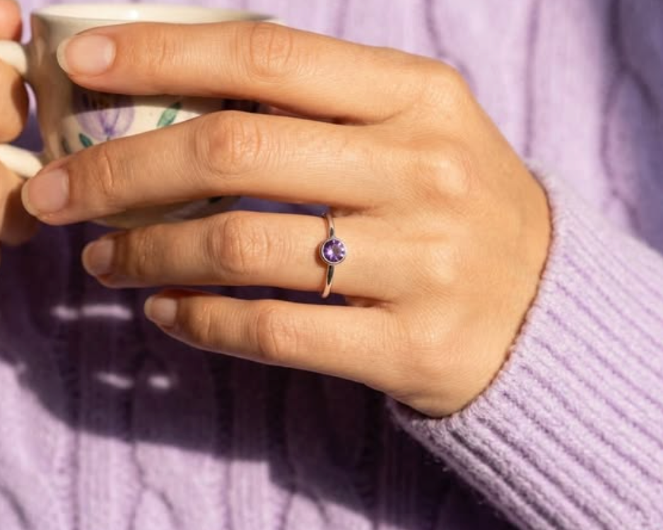 Dainty purple amethyst stacking ring on hand, February birthstone minimalist ring in gold, silver or rose gold, delicate gemstone jewelry gift for women, perfect for Mother’s Day, birthdays and weddings