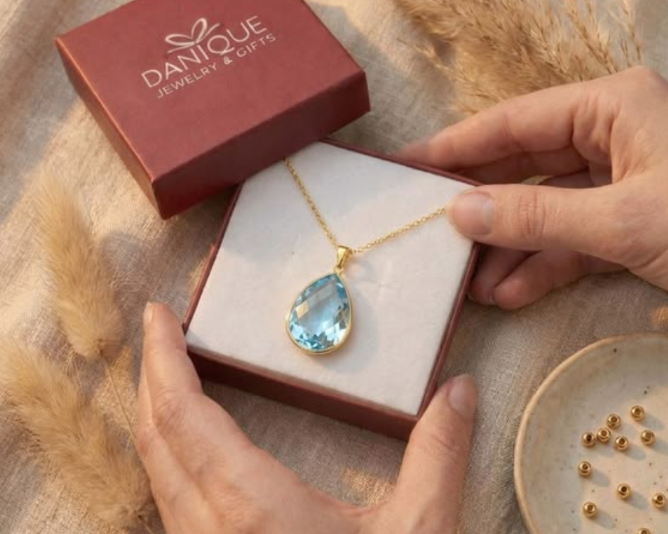 Blue topaz teardrop necklace in gold or silver, December birthstone pendant, elegant pear shaped gemstone jewelry gift for women, perfect for Mother’s Day, birthdays, weddings and bridesmaid jewelry