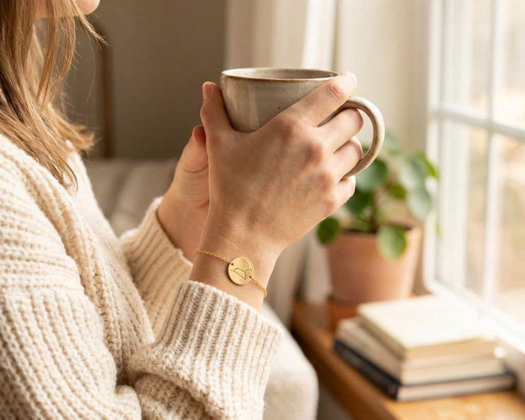 Zodiac constellation bracelet in gold on wrist, minimalist astrology bracelet with engraved star constellation design, delicate zodiac jewelry for women, personalized astrology bracelet gift for her