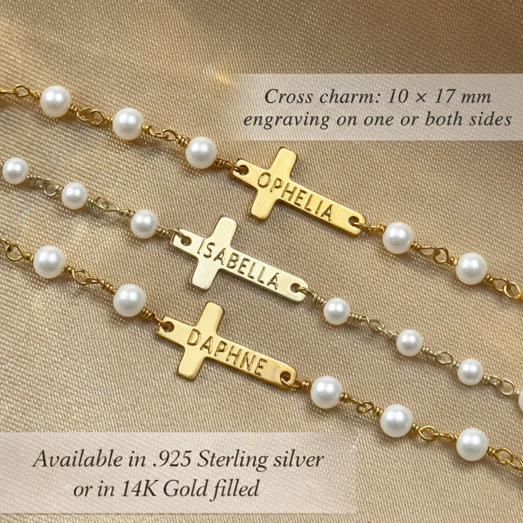 Personalized cross pearl bracelet with engraved name charm, gold filled or sterling silver cross jewelry, baptism gift for girl, first communion bracelet, christening keepsake, Easter basket religious gift, freshwater pearl chain bracelet for kids women 