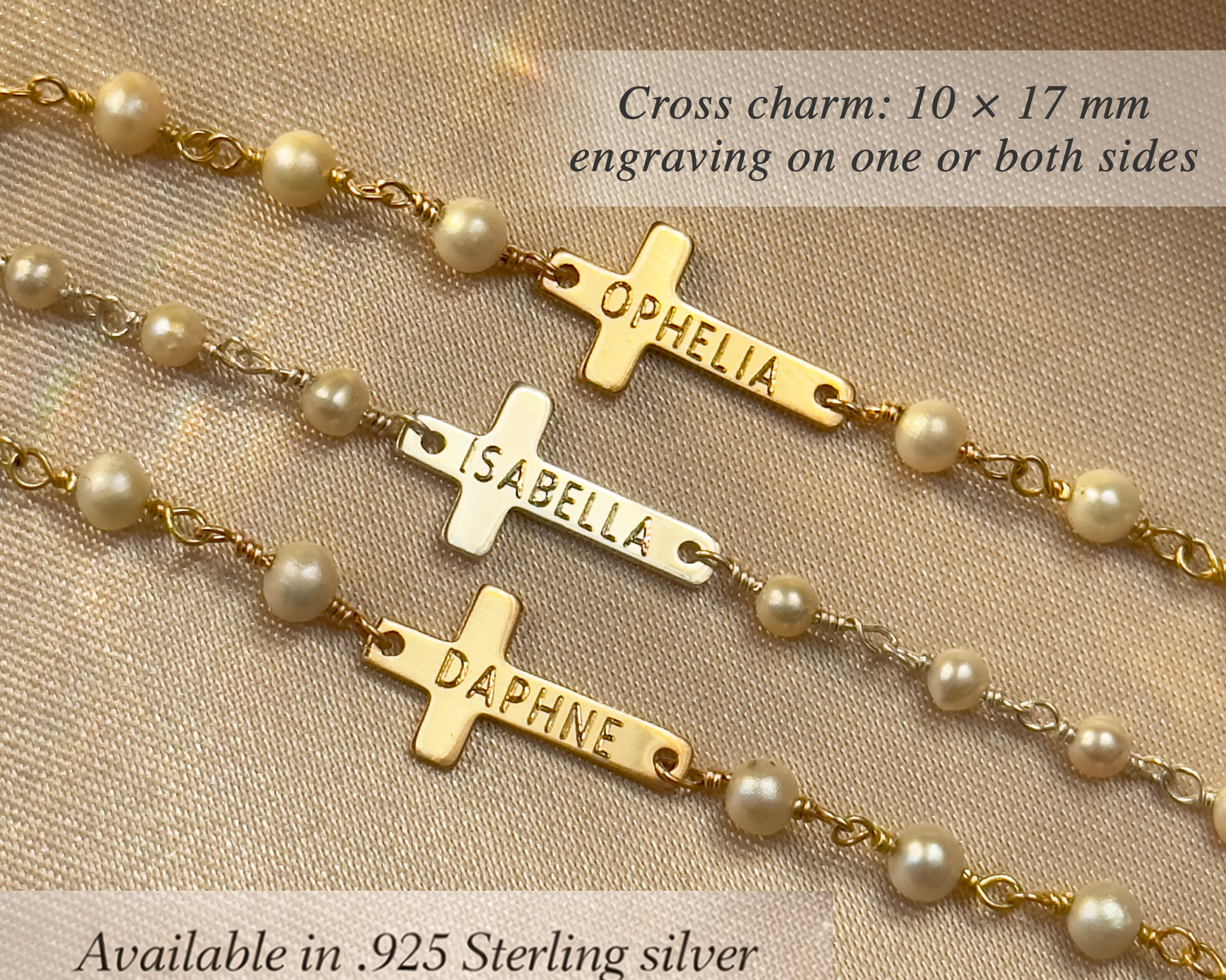 Three pearl bracelets with engraved gold and silver horizontal crosses featuring names Ophelia, Isabella, and Daphne. Religious keepsakes for baptisms and communions.