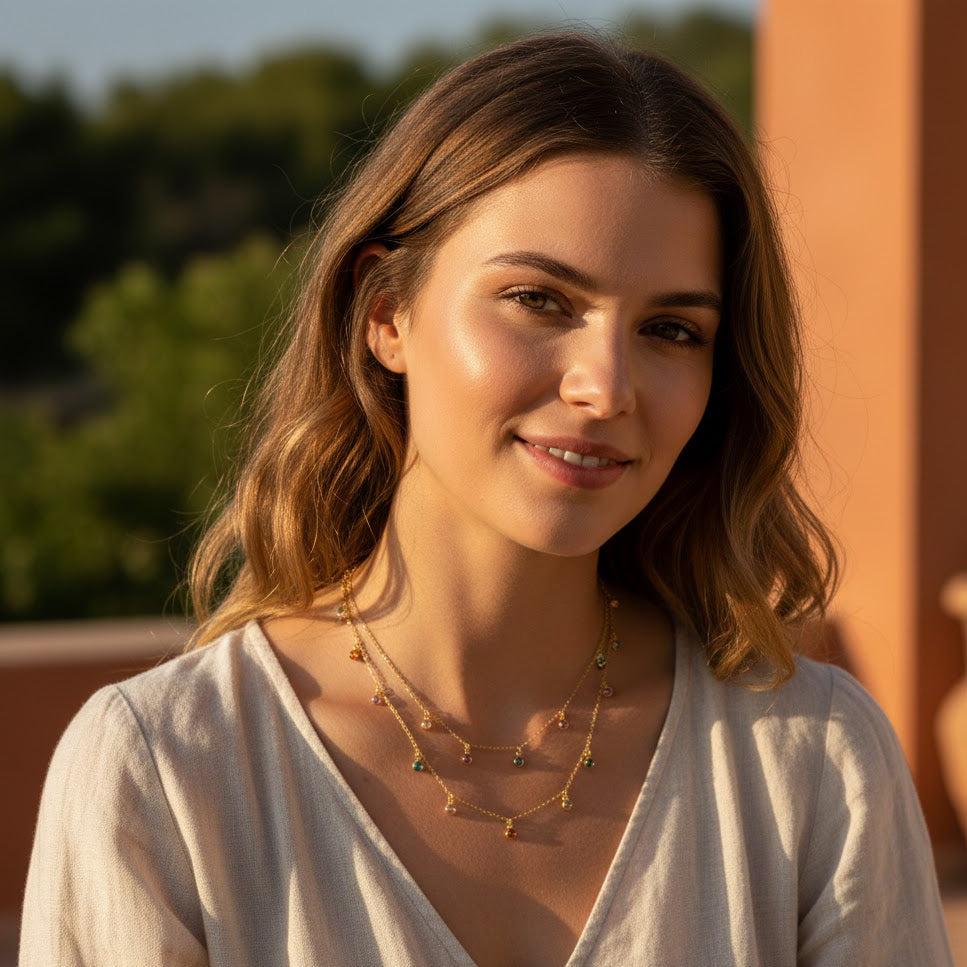 Layered gold dangling birthstone necklaces with colorful gemstones worn on a model, minimalist layered necklace styling, elegant personalized birthstone jewelry gift for mom or family necklace
