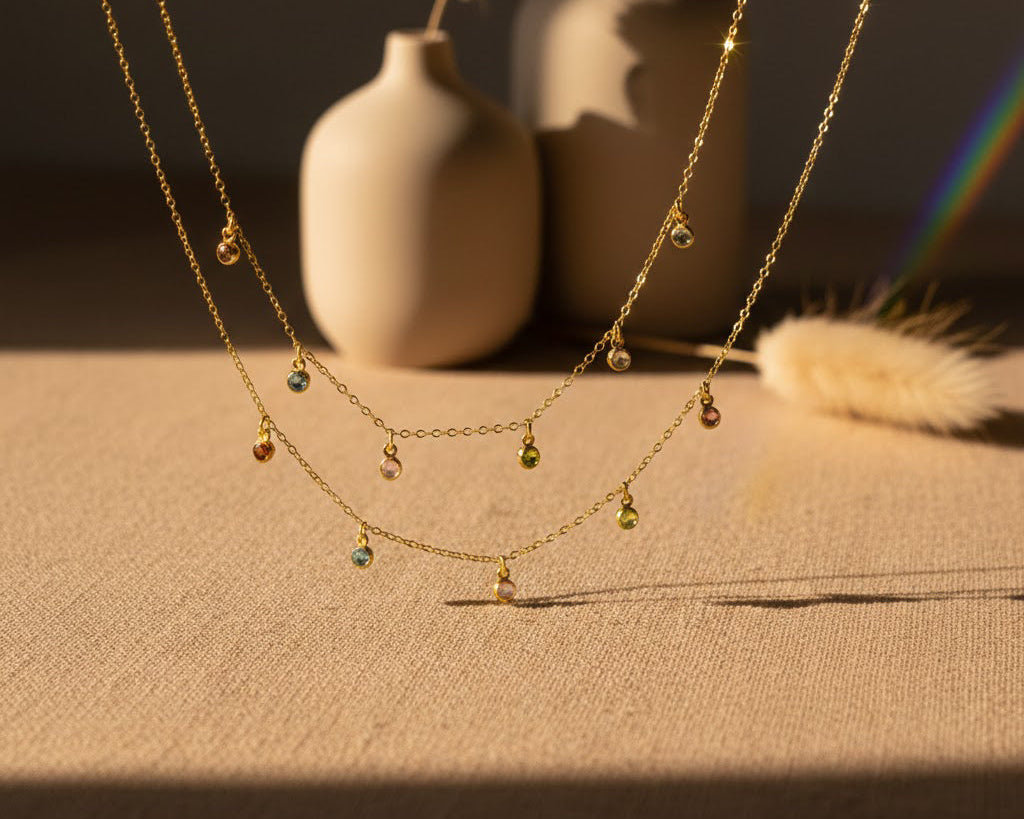 Minimalistic dangling birthstone necklace with tiny gemstone charms, dainty gold layered birthstone necklace for mom, custom family birthstone jewelry, delicate everyday birthstone necklace gift for women