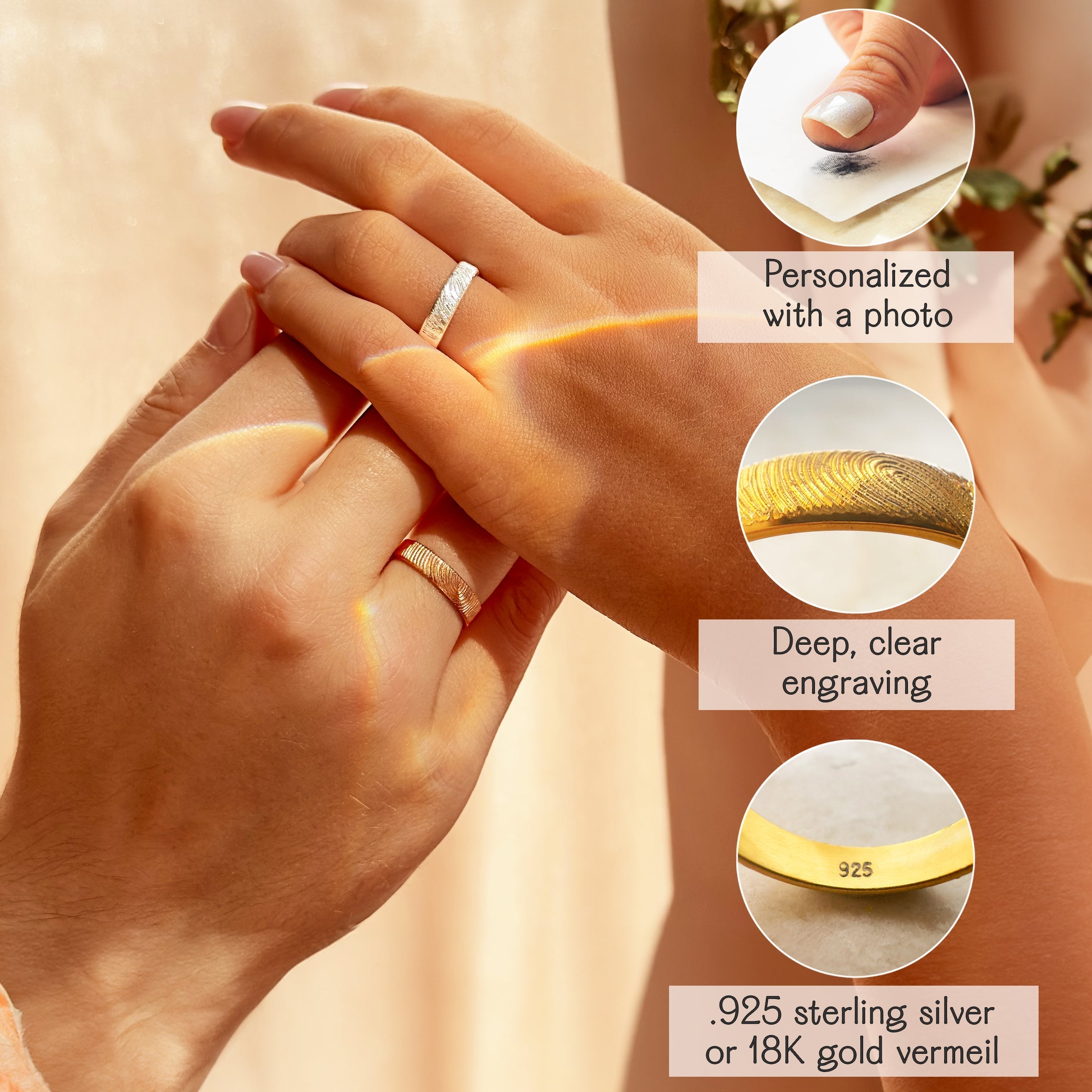 A couple wears matching fingerprint rings, one silver and one gold. The jewelry features deep, clear engraving personalized from a photo of a real fingerprint. Available in .925 sterling silver or 18K gold vermeil.