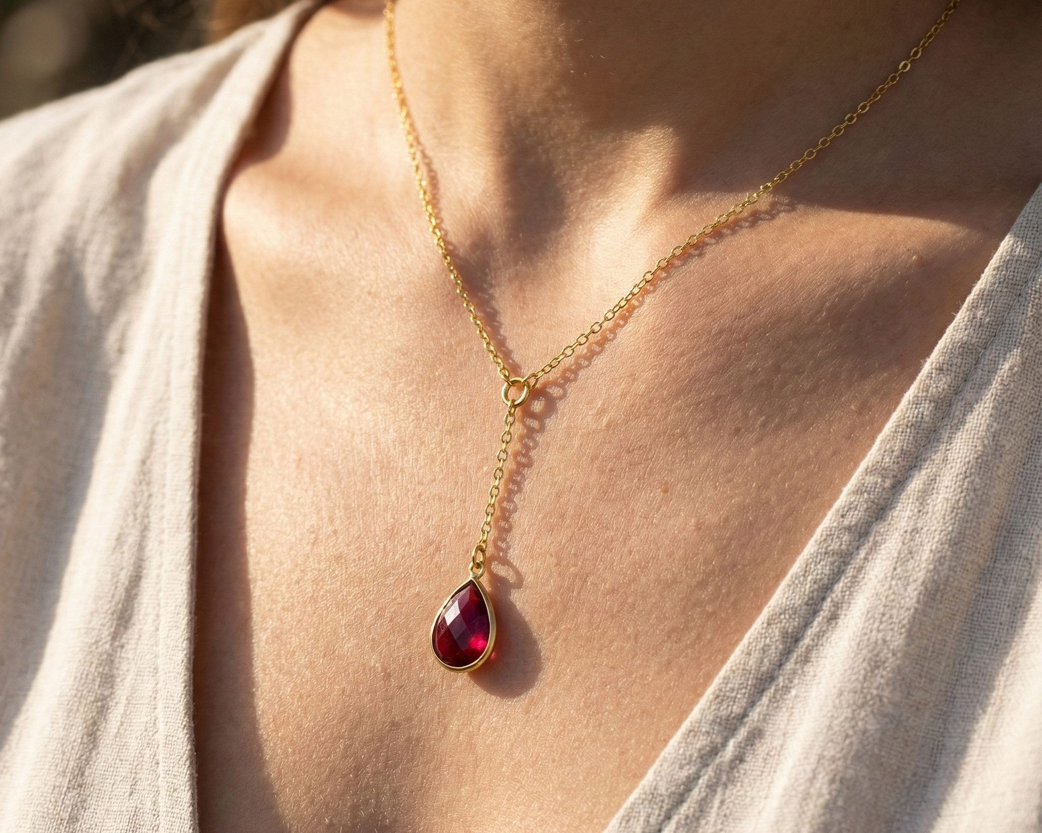 lariat birthstone necklace, teardrop birthstone necklace, minimalist drop necklace, birthstone jewelry gift, delicate gold lariat necklace, ruby birthstone necklace, dainty birthstone jewelry gift