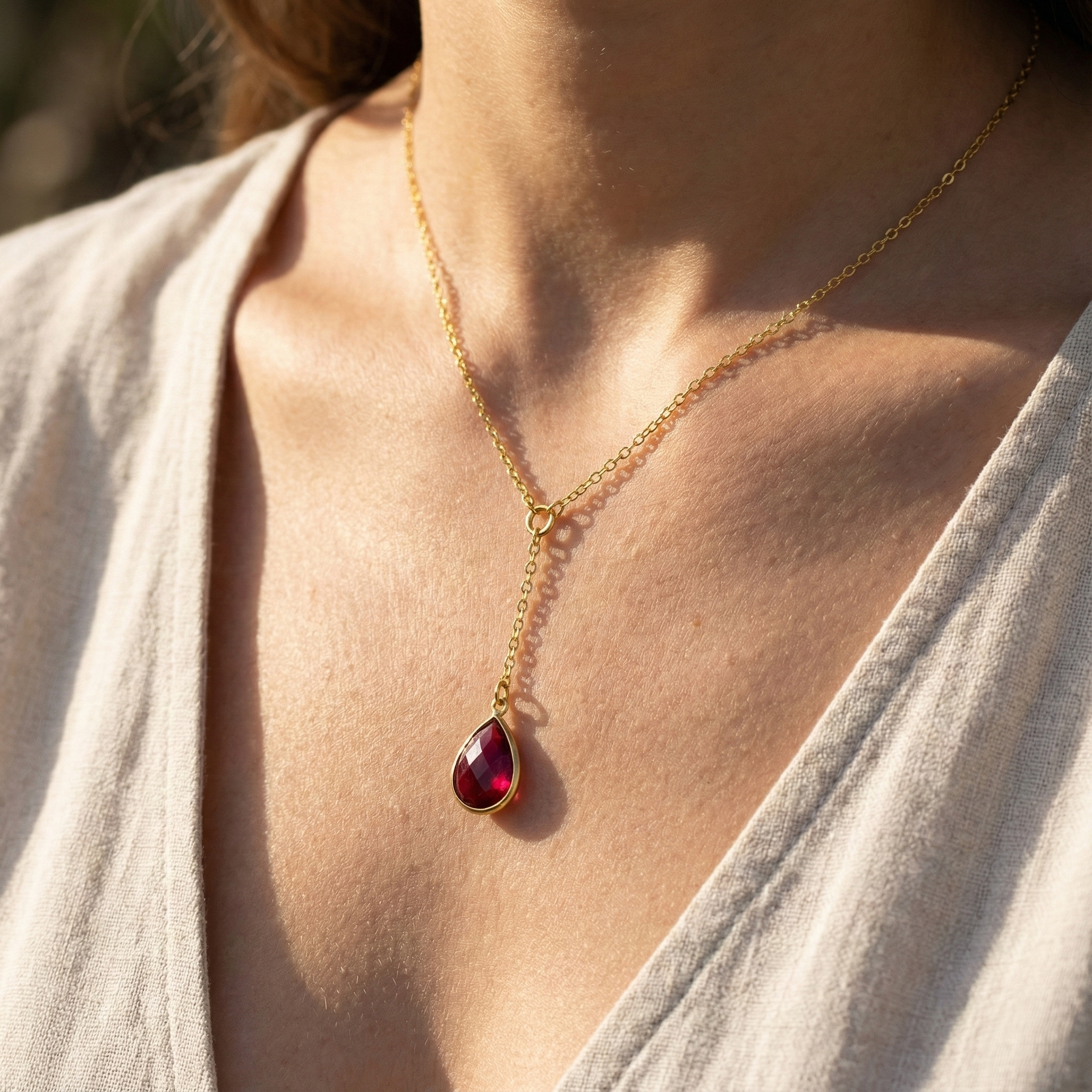 lariat birthstone necklace, teardrop birthstone necklace, minimalist drop necklace, birthstone jewelry gift, delicate gold lariat necklace, ruby birthstone necklace, dainty birthstone jewelry gift
