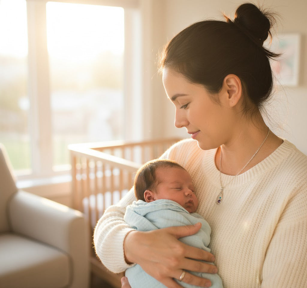 Mother holding newborn in soft morning light while wearing a teardrop birthstone necklace in sterling silver, a sentimental personalized gift for moms, new mothers, and Mother’s Day keepsake.
