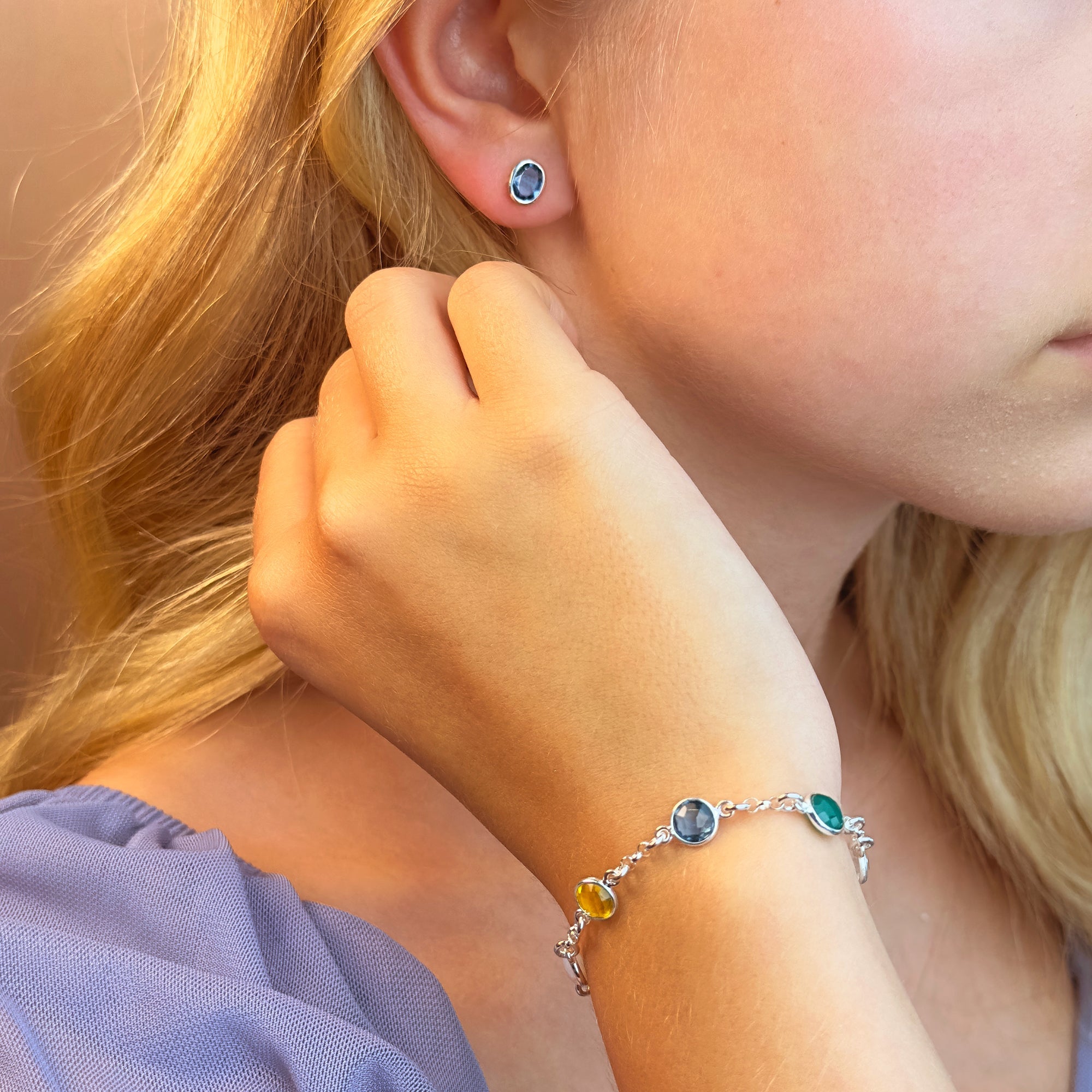 September Kyanite jewelry gift set with sterling silver stud earrings and gemstone station bracelet, perfect birthday gift for her, bridesmaid jewelry, or meaningful September birthstone gift.