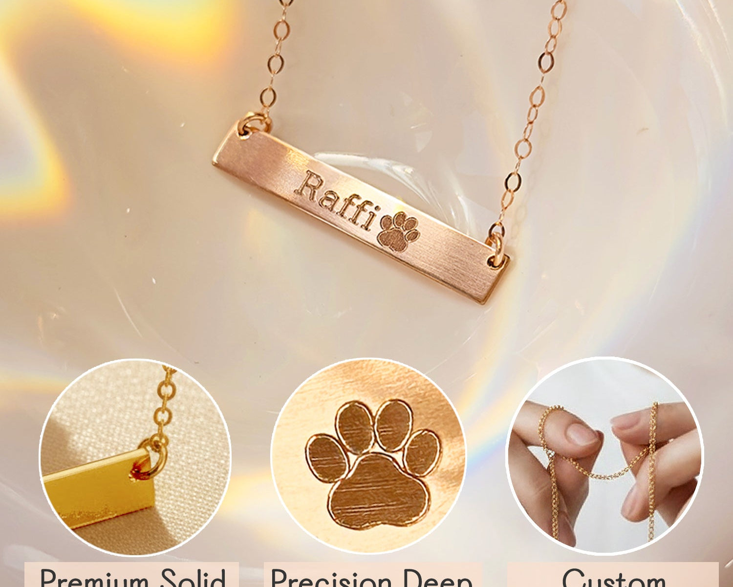Custom engraved paw print bar necklace in rose gold featuring the name “Raffi.” Includes precision deep engraving, premium solid bar pendant, and adjustable chain. Perfect memorial gift for pet lovers.