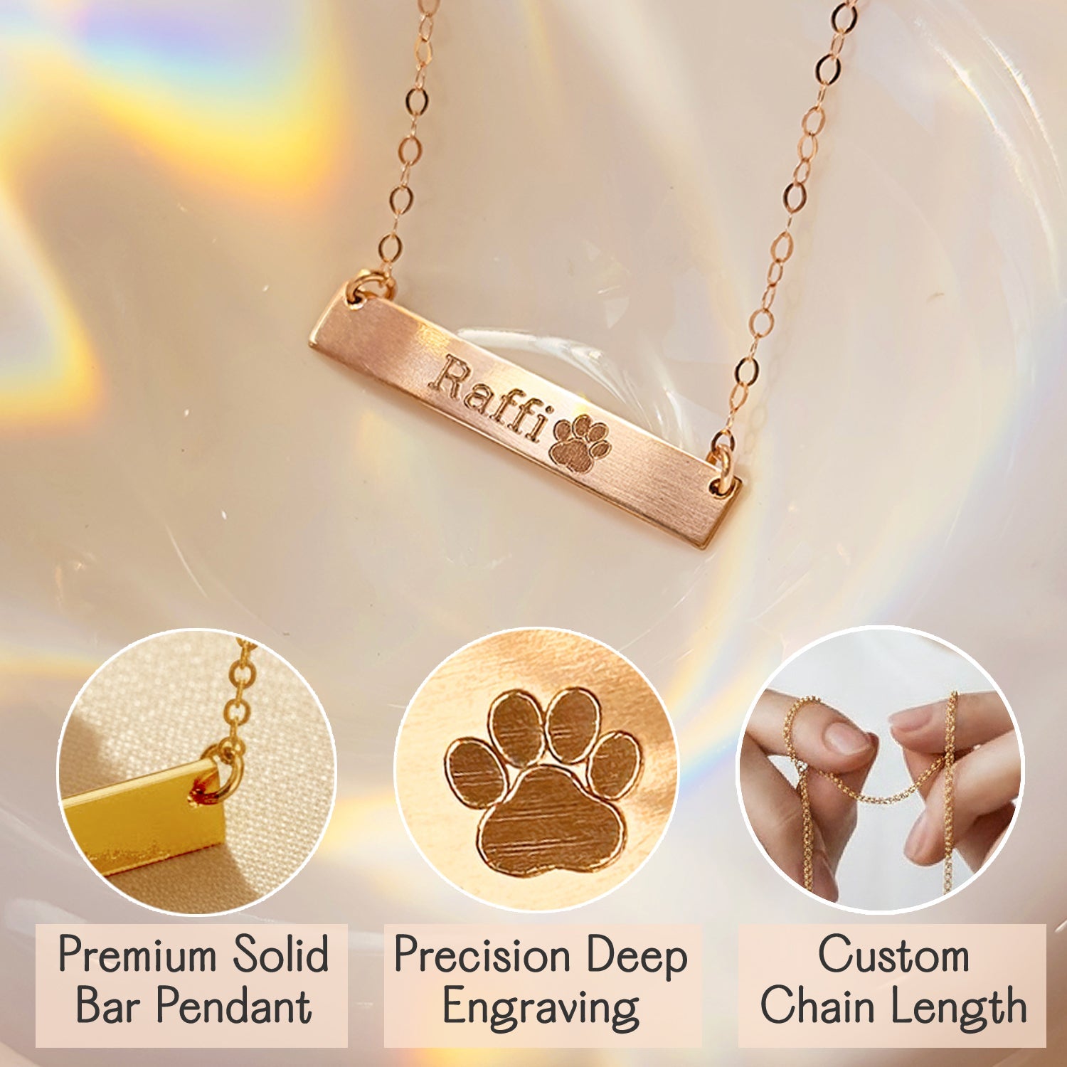 Custom engraved paw print bar necklace in rose gold featuring the name “Raffi.” Includes precision deep engraving, premium solid bar pendant, and adjustable chain. Perfect memorial gift for pet lovers.