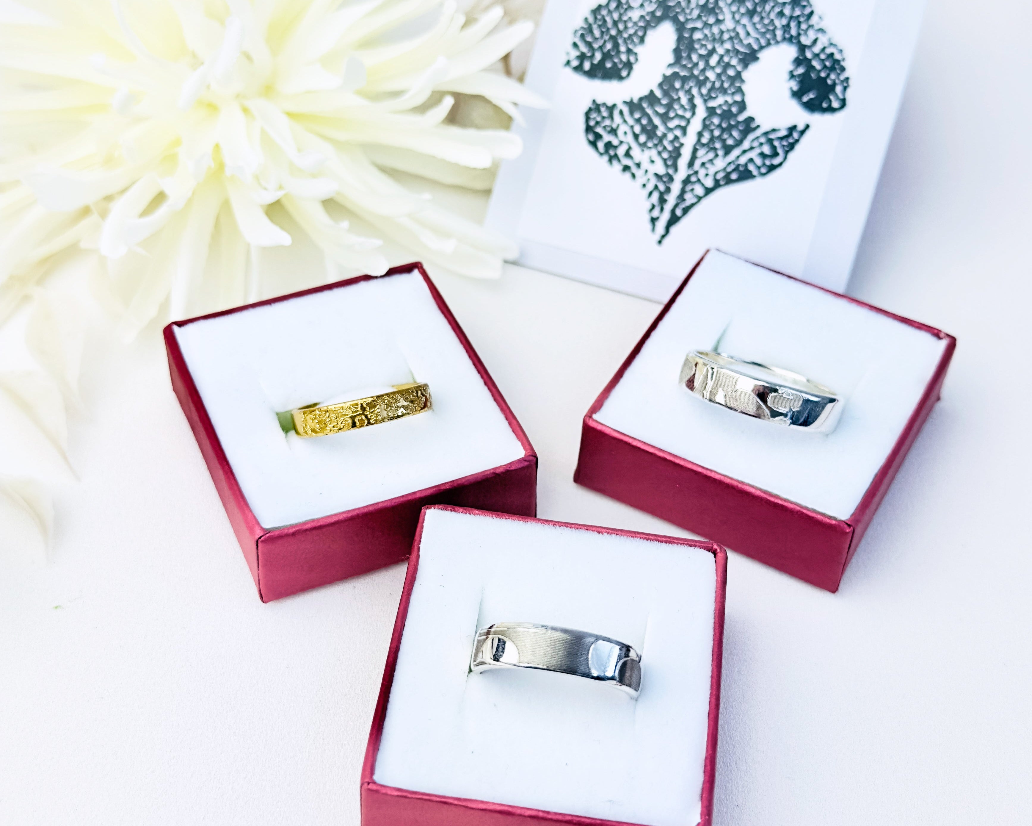 three dog nose engraved bands, 1 4mm width the others 6mm width, gotcha day, fathers day, mothers day, gift for mom, pet lovers gift, dog mom, dog dad, cat mom, cat dad, pet lover, engraved rings, sterling silver, gold plated