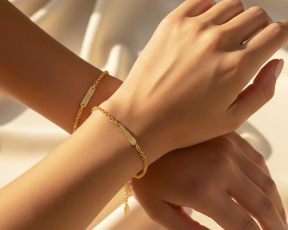 Personalized tiny bar bracelet in gold with engraved name on wrist, minimalist custom bar bracelet for women, dainty gold name bracelet, personalized monogram bracelet gift for her, everyday delicate jewelry