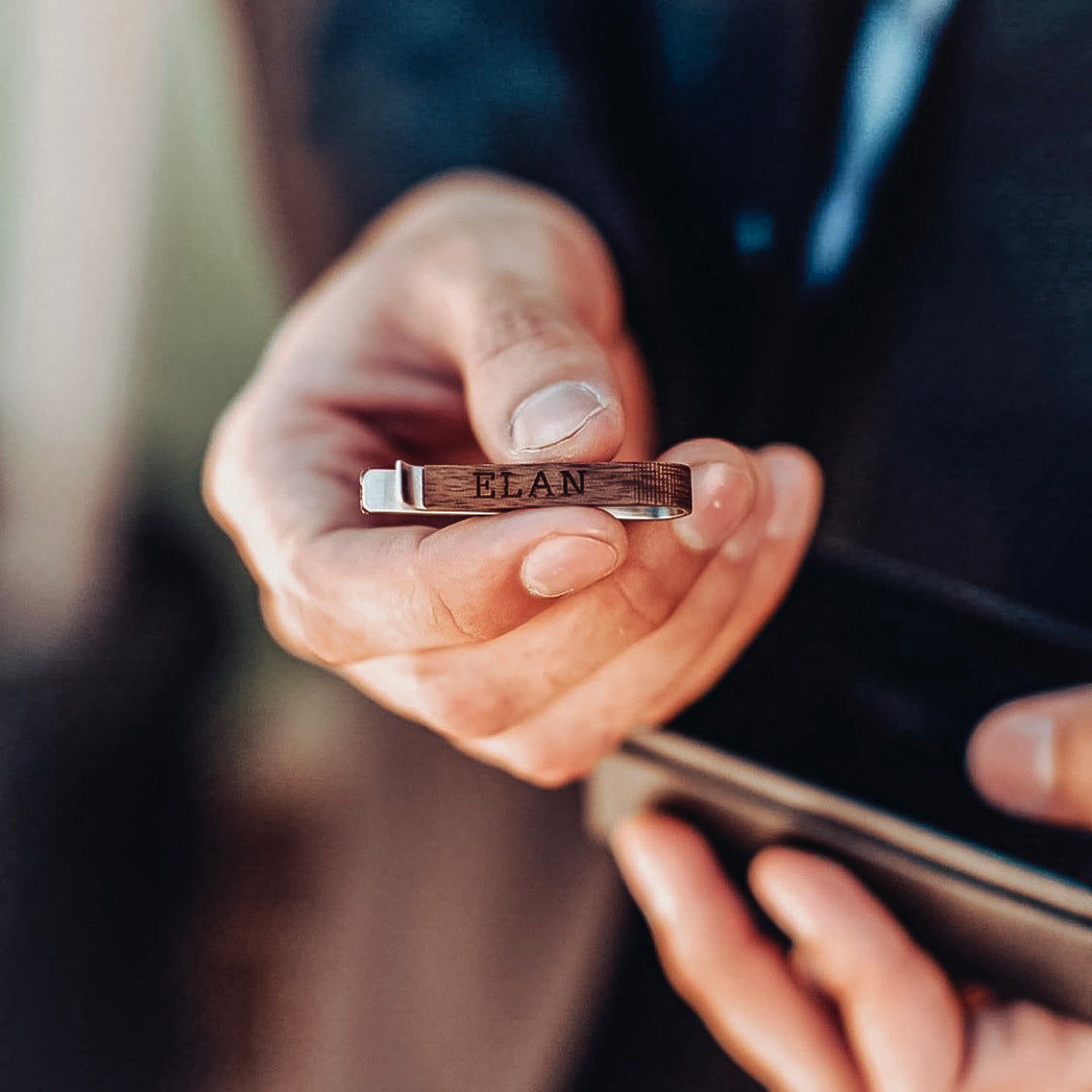 dad holding wood tie clip engraved with name. gift for dad, gift for husband, gift for boyfriend, prom gift, grad gift, graduation gift, anniversary gift