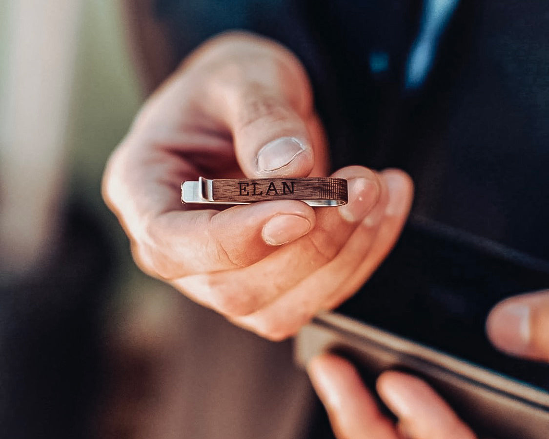dad holding wood tie clip engraved with name. gift for dad, gift for husband, gift for boyfriend, prom gift, grad gift, graduation gift, anniversary gift