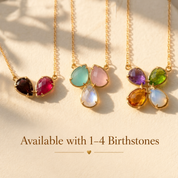 Custom birthstone necklaces shown with one to four colorful teardrop gemstones in yellow gold, representing family members or loved ones.