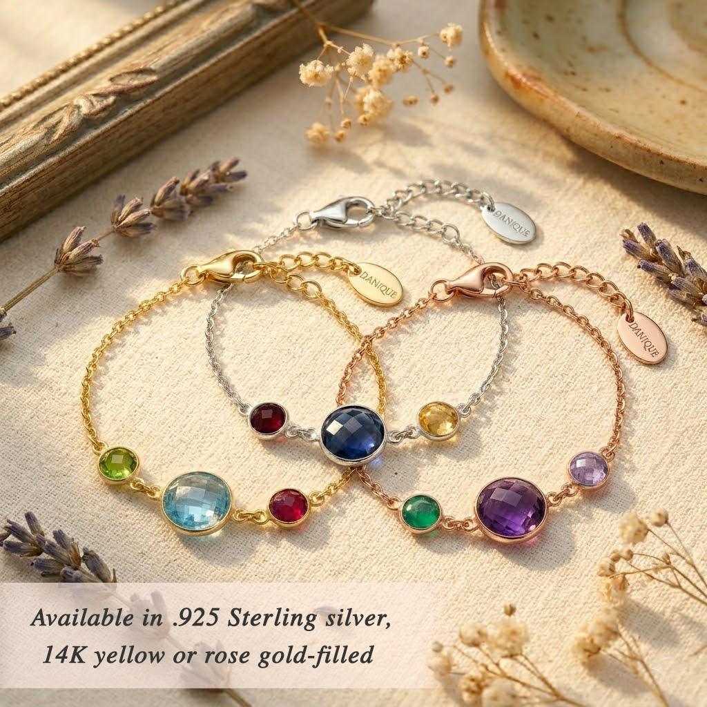 Gold family birthstone bracelet for mom with adjustable chain and multiple children’s birthstone charms, designed as a meaningful keepsake gift in rose gold or sterling silver