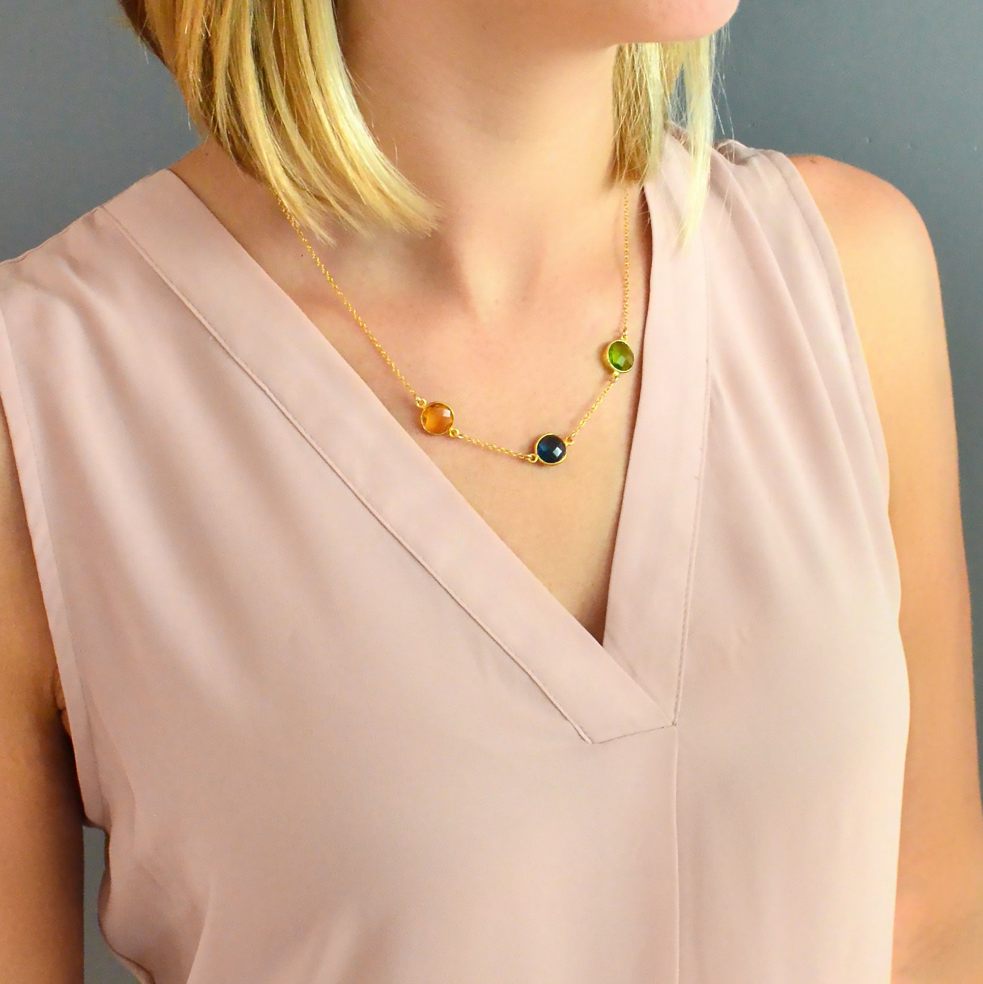 Custom Birthstone Lollipop Station Necklace, Personalized Gemstone Necklace with Round Stations, Long Necklace for Women, Birthday Gift for Grandma