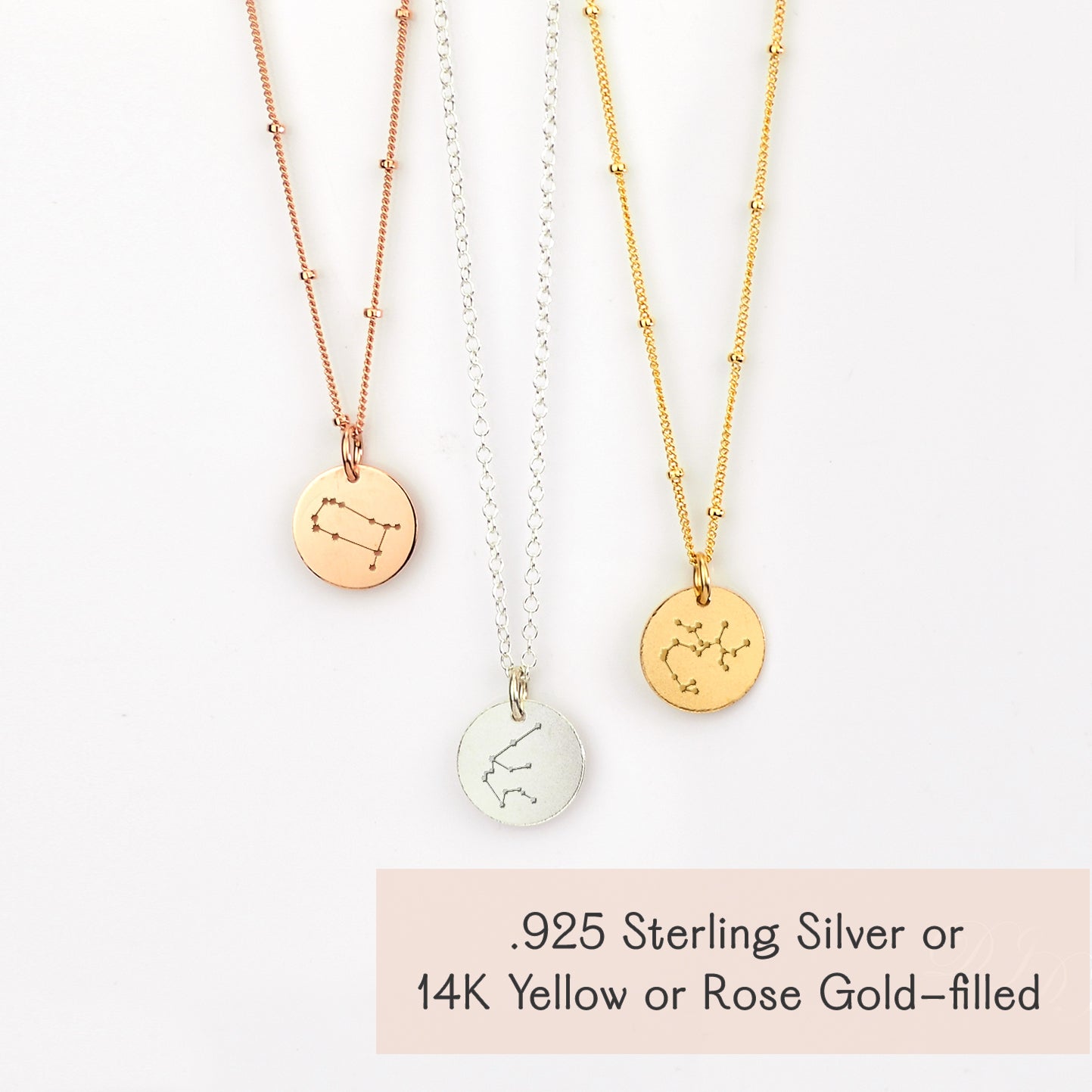 Personalized zodiac sign necklace trio showing metal options—925 sterling silver, 14k gold filled, 14k rose gold filled—with crisp constellation engraving. Ideal constellation jewelry for Aquarius (January–February) and Pisces (February–March) birthdays; choose chain style (satellite or cable), length, and optional back engraving. A sentimental astrology gift for teens, moms, and best friends; perfect Christmas or Valentine’s present.