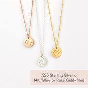 Personalized zodiac sign necklace trio showing metal options—925 sterling silver, 14k gold filled, 14k rose gold filled—with crisp constellation engraving. Ideal constellation jewelry for Aquarius (January–February) and Pisces (February–March) birthdays; choose chain style (satellite or cable), length, and optional back engraving. A sentimental astrology gift for teens, moms, and best friends; perfect Christmas or Valentine’s present.