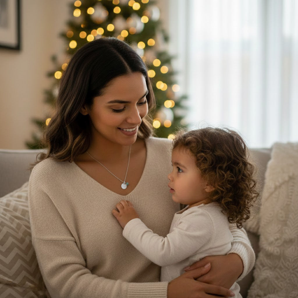 Mother holding toddler in cozy living room, wearing personalized gold disc and birthstone charm necklace, delicate everyday jewelry that can be customized with kids’ names and birthstones, meaningful mom necklace Christmas gift idea for her.