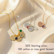 Flat lay of personalized birthstone disc charm necklaces in multiple finishes, showing engraved 13mm name discs and colorful 6mm birthstone charms. Ideal as family necklaces for moms or grandmas, bridesmaid gifts, birthdays, or layered minimalist jewelry. Each piece is custom engraved and features a dainty, feminine design perfect for everyday wear.