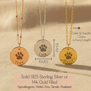 Sterling silver, gold-filled, and rose gold-filled engraved disc necklaces, each personalized with an actual paw print and pet name, custom pet memorial jewelry keepsakes for honoring the memory of beloved pets.