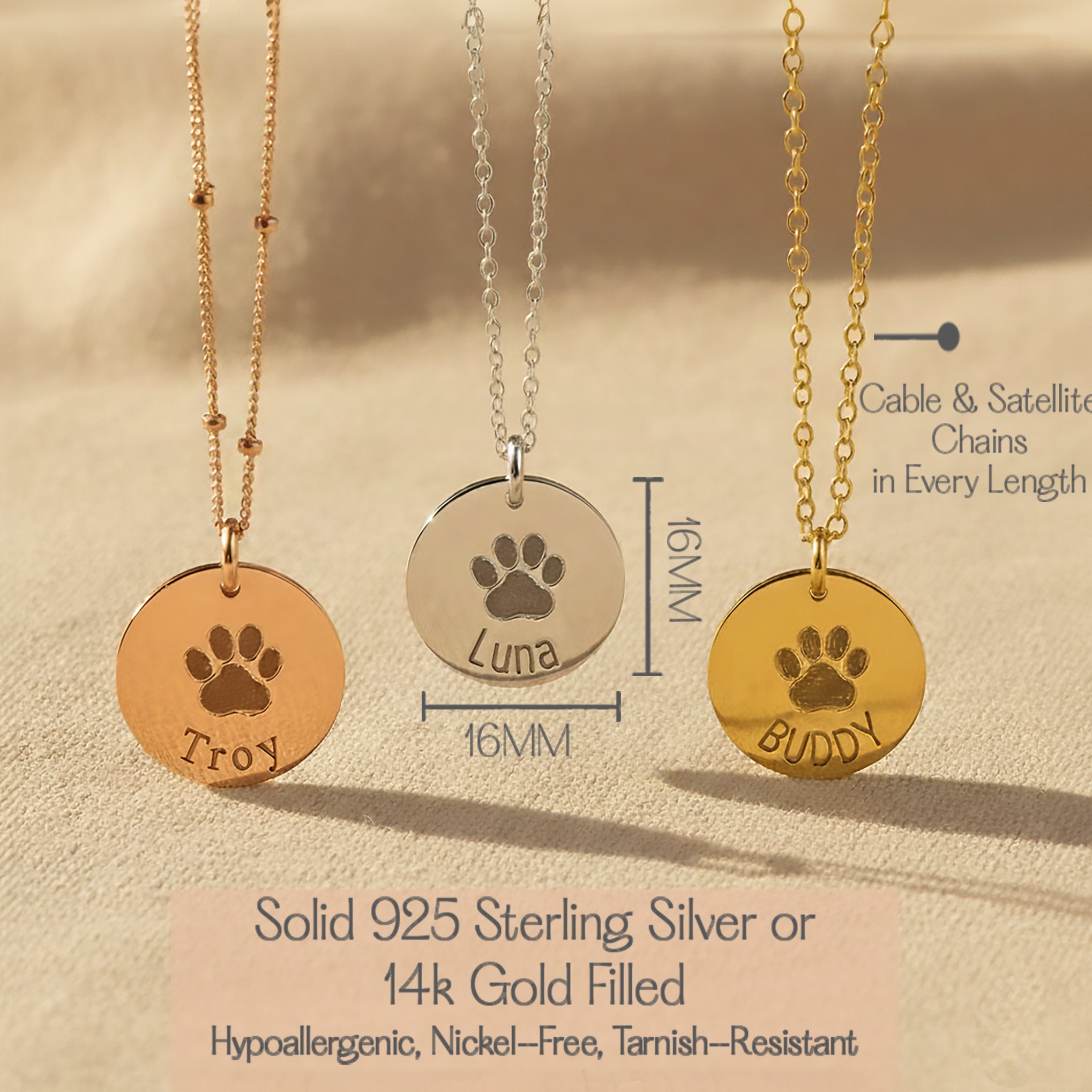 Sterling silver, gold-filled, and rose gold-filled engraved disc necklaces, each personalized with an actual paw print and pet name, custom pet memorial jewelry keepsakes for honoring the memory of beloved pets.