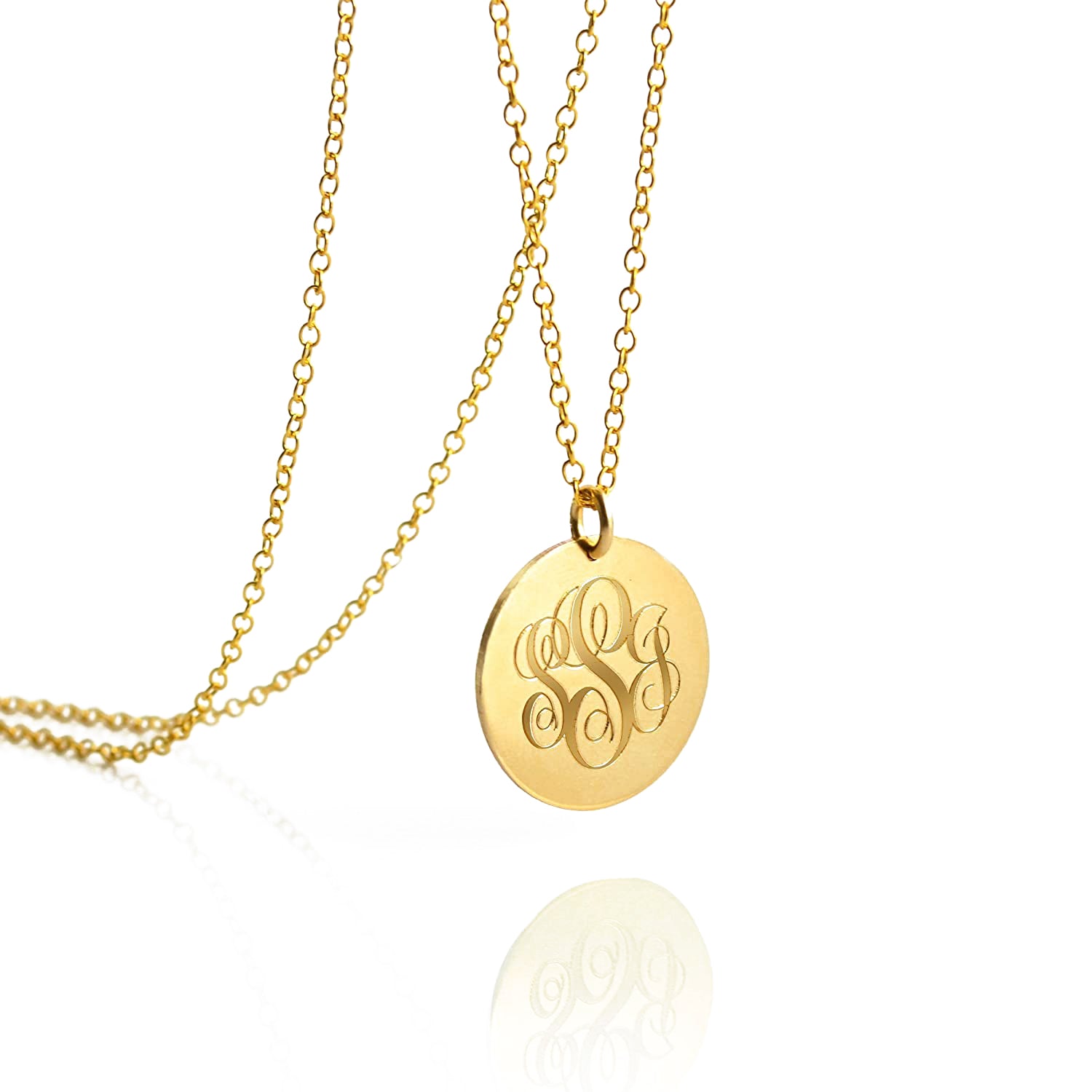 Gold monogram disc pendant necklace with custom engraved initials, personalized gold round pendant on dainty chain, minimalist custom jewelry gift