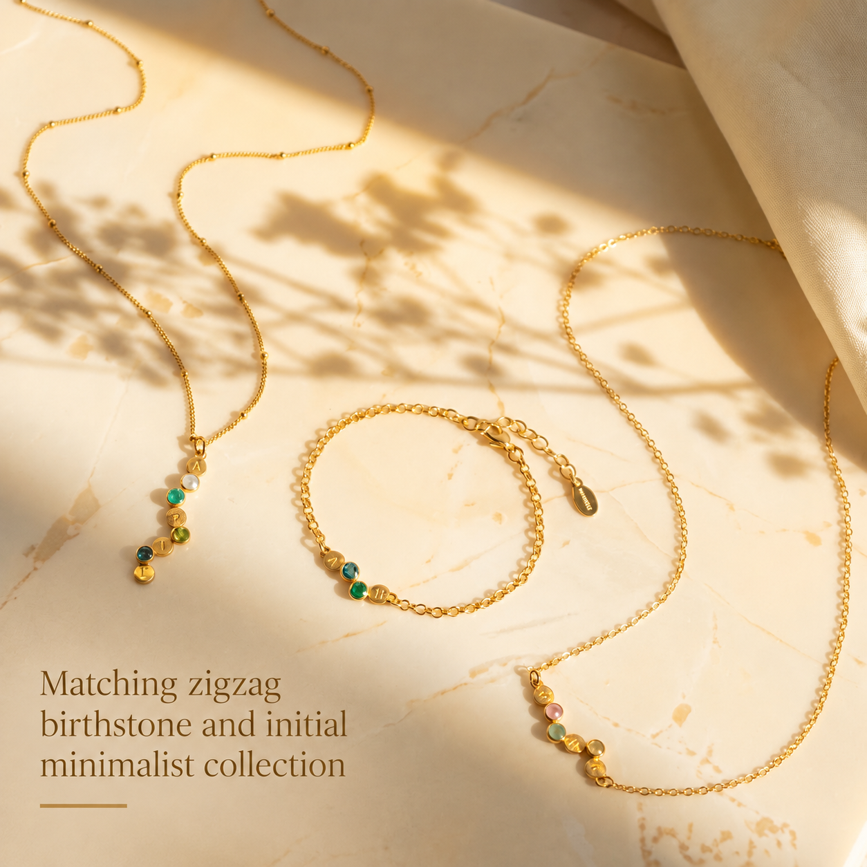 Matching birthstone and initial necklace bracelet and minimalist jewelry
