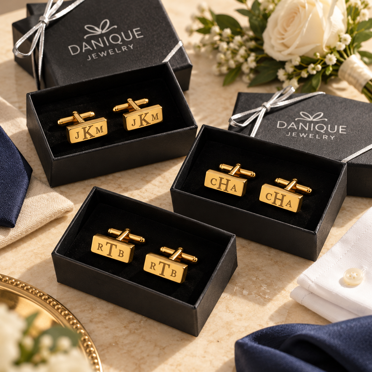 Custom bar cufflinks shown with names, initials, dates and different personalized engraving styles.
