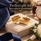 Personalized 3D bar cufflinks with custom engraving and multiple metal finish options.
