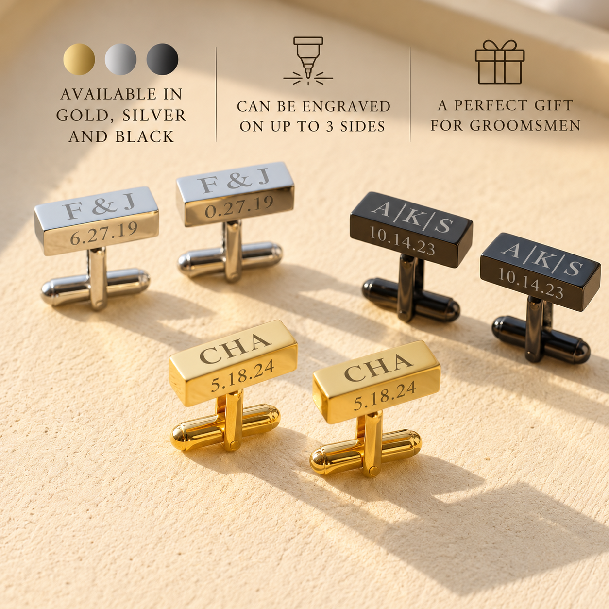 Personalized rectangular bar cufflinks shown in silver, gold and black stainless steel finishes.