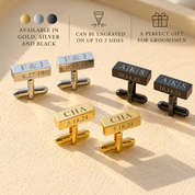 Personalized rectangular bar cufflinks shown in silver, gold and black stainless steel finishes.