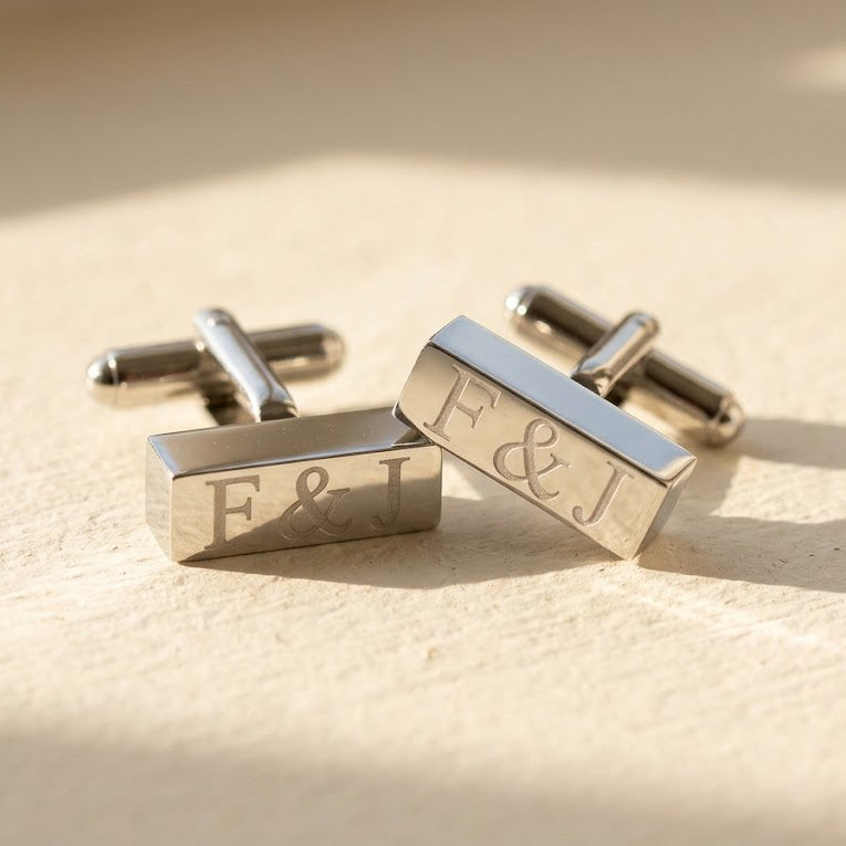 Monogram Bar Cufflinks with Name, Initials, or Date, Cuff Links for Men, Stainless Gold, Silver, Black, Stocking Stuffer Gift for Men, Groomsmen Gifts
