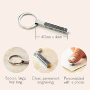 Personalized fingerprint bar keychain with custom handwriting engraving, 40mm x 4mm stainless steel bar and secure large key ring, shown with clear, permanent engraving and fingerprint taken from a photo, meaningful custom gift for him, dad, husband or boyfriend.