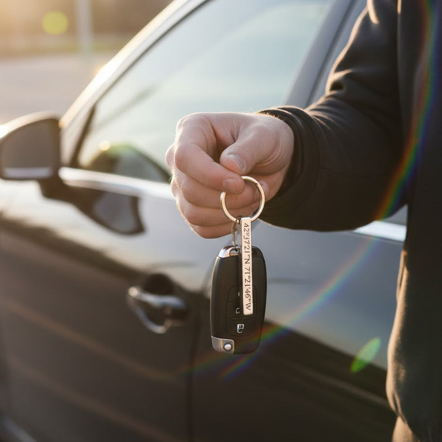 Personalized car keychain engraved metal bar keyring drive safe gift for new driver or car owner