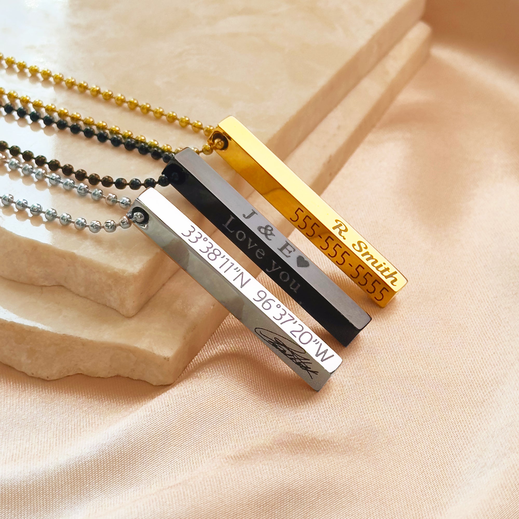 Men's Custom 3D Bar Necklace, Fingerprint or Signature Engraved Pendant for Men, Personalized Bar Pendant, Black, Silver, Gold, Men's Memorial Jewelry
