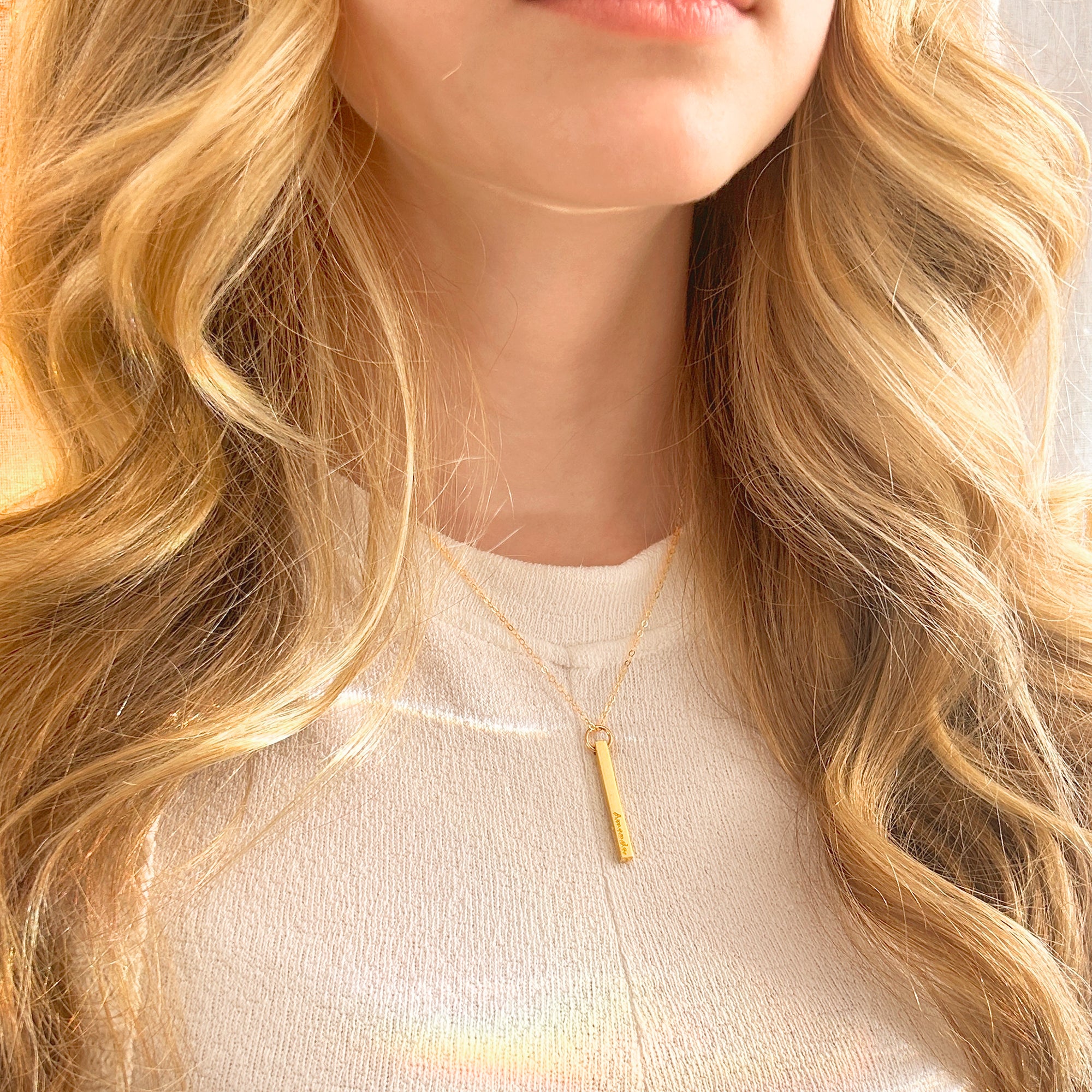 Custom Dainty 3D Bar Necklace, Solid Sterling Silver Vertical Bar Pendant with Engraving, 4 Sided Engraved Stick Charm Necklace, Custom Gift for Her