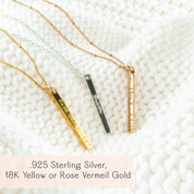 Trio of 3D bar pendants in mixed metals displayed on a cozy knit, showing versatile stacking. Customize each bar with names, initials, GPS coordinates or inspirational words to craft a meaningful custom name necklace set. Durable laser engraving, smooth corners and bright polish make this engraved gold bar necklace a timeless gift for moms, partners or best friends.