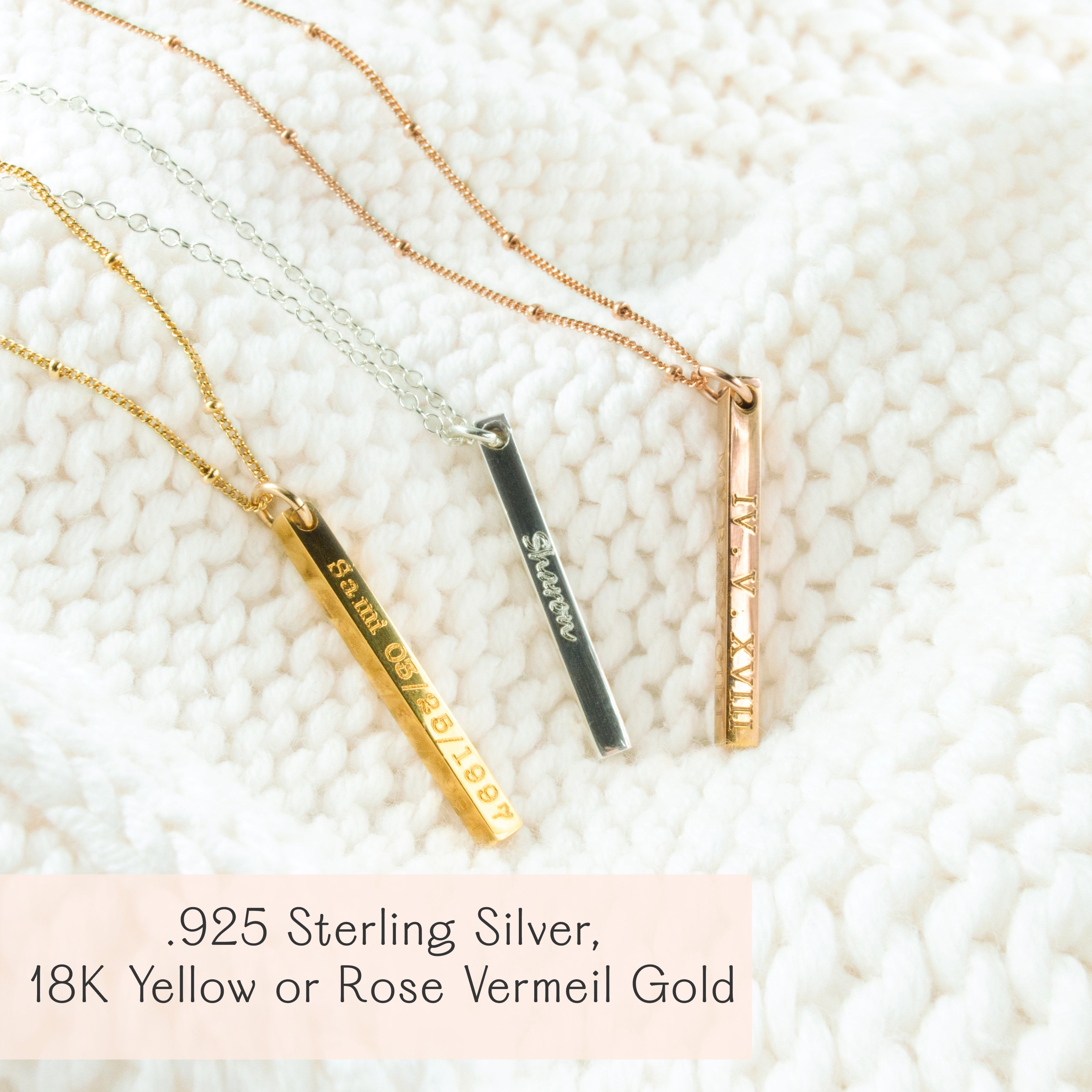 Trio of 3D bar pendants in mixed metals displayed on a cozy knit, showing versatile stacking. Customize each bar with names, initials, GPS coordinates or inspirational words to craft a meaningful custom name necklace set. Durable laser engraving, smooth corners and bright polish make this engraved gold bar necklace a timeless gift for moms, partners or best friends.