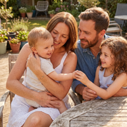 A family of four enjoys a sunny day outdoors on a wooden patio, gathered around a rustic wooden table. A woman in a white sleeveless dress holds a baby boy wearing a light gray t-shirt, while a man in a blue denim shirt looks on, and a young girl in a white top smiles next to them.