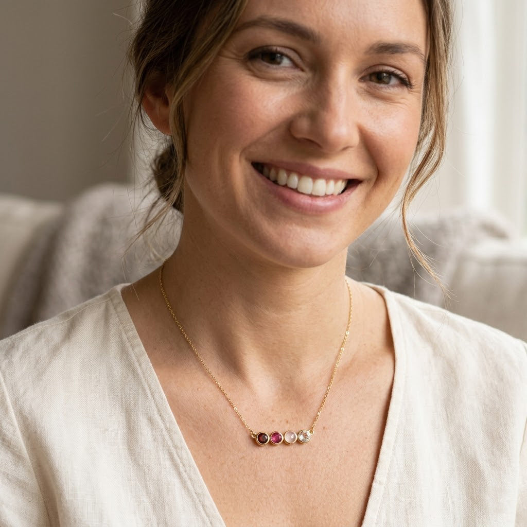 Family-inspired birthstone bar necklace with faceted gemstones, custom jewelry piece designed for mothers, grandmothers, or loved ones to keep family close