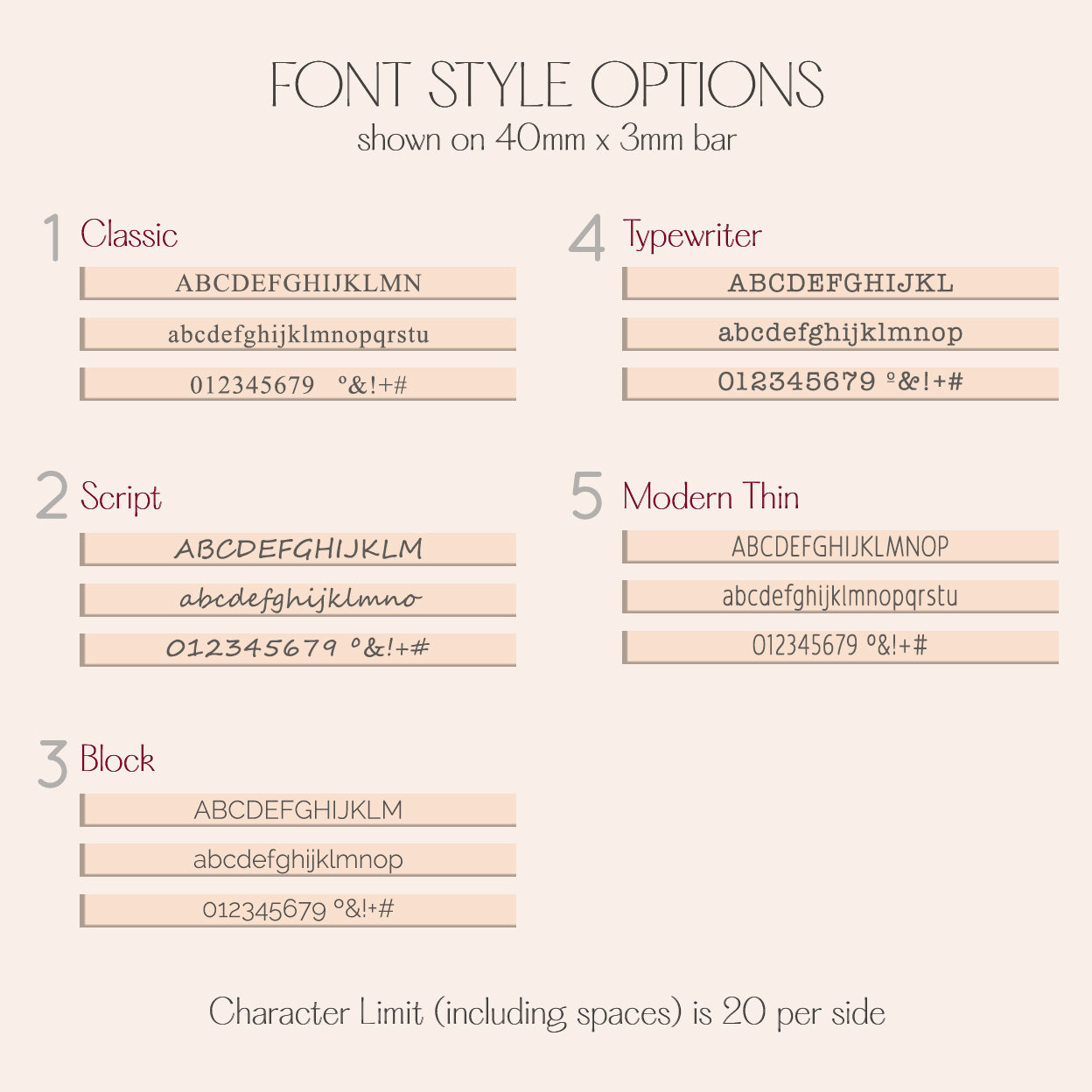 Font style options chart for personalized Morse code skinny bar bracelet, showing engraving samples on a 40mm x 3mm bar in five fonts: Classic, Script, Block, Typewriter and Modern Thin, with uppercase, lowercase and number examples, note that character limit including spaces is 20 per side, helping customers choose the perfect font for their custom name, date, coordinates or hidden message on this minimalist bar bracelet gift for her.