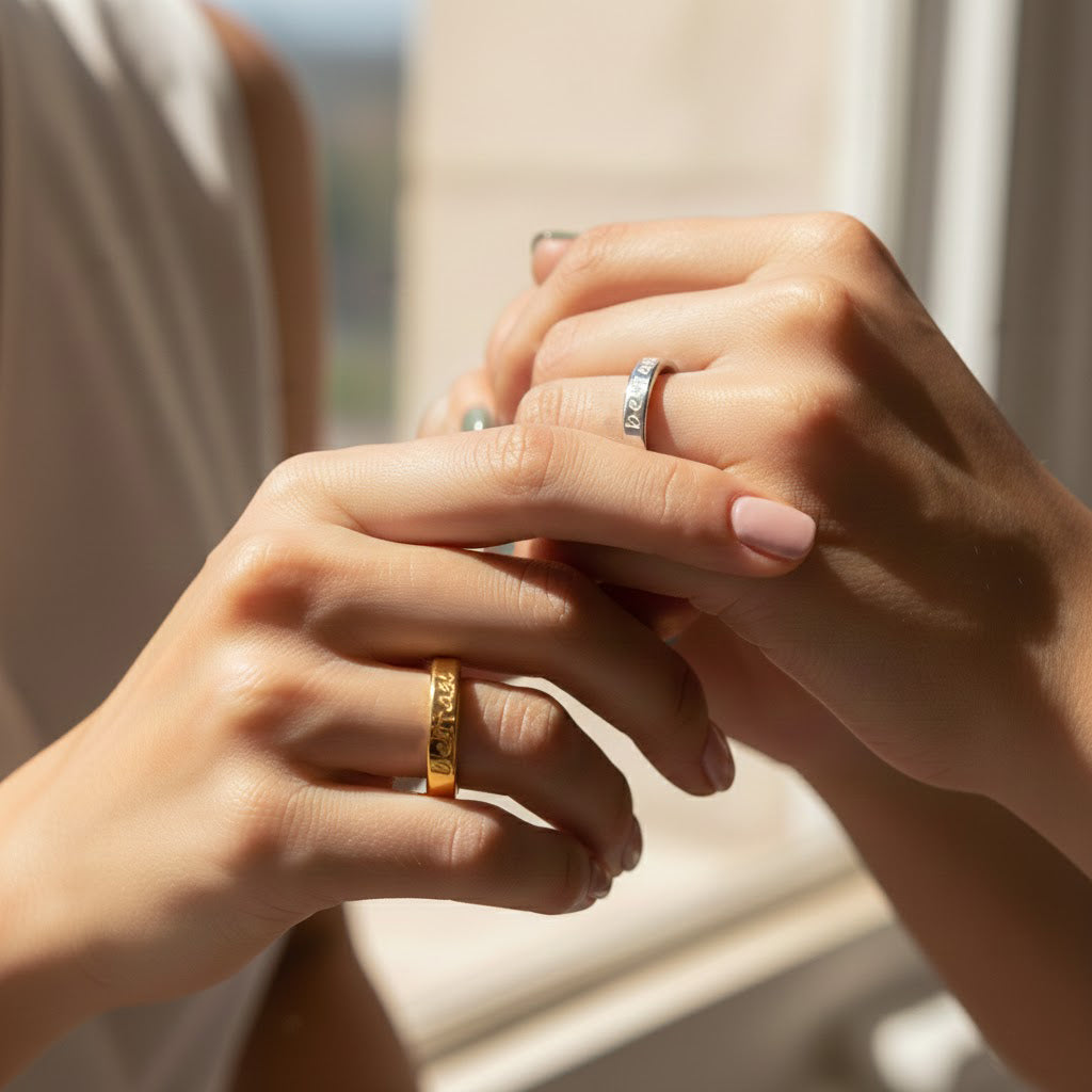 Close up of two hands wearing matching engraved rings, one gold band and one silver band, personalized with custom text, minimalist stacking style jewelry, meaningful promise or couples ring set, custom name ring gift for her, anniversary or everyday wear.