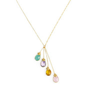 Gold four stone lariat necklace featuring aqua chalcedony, purple amethyst, citrine and pink chalcedony with heart charm initials. jewelry gift, necklace gift for her, anniversary gift, christmas gift, valentine's day gift, wedding jewelry, bridesmaid's jewelry, gift for mom, gift for wife, gift for girlfriend, gift for grandma, mother's day gift