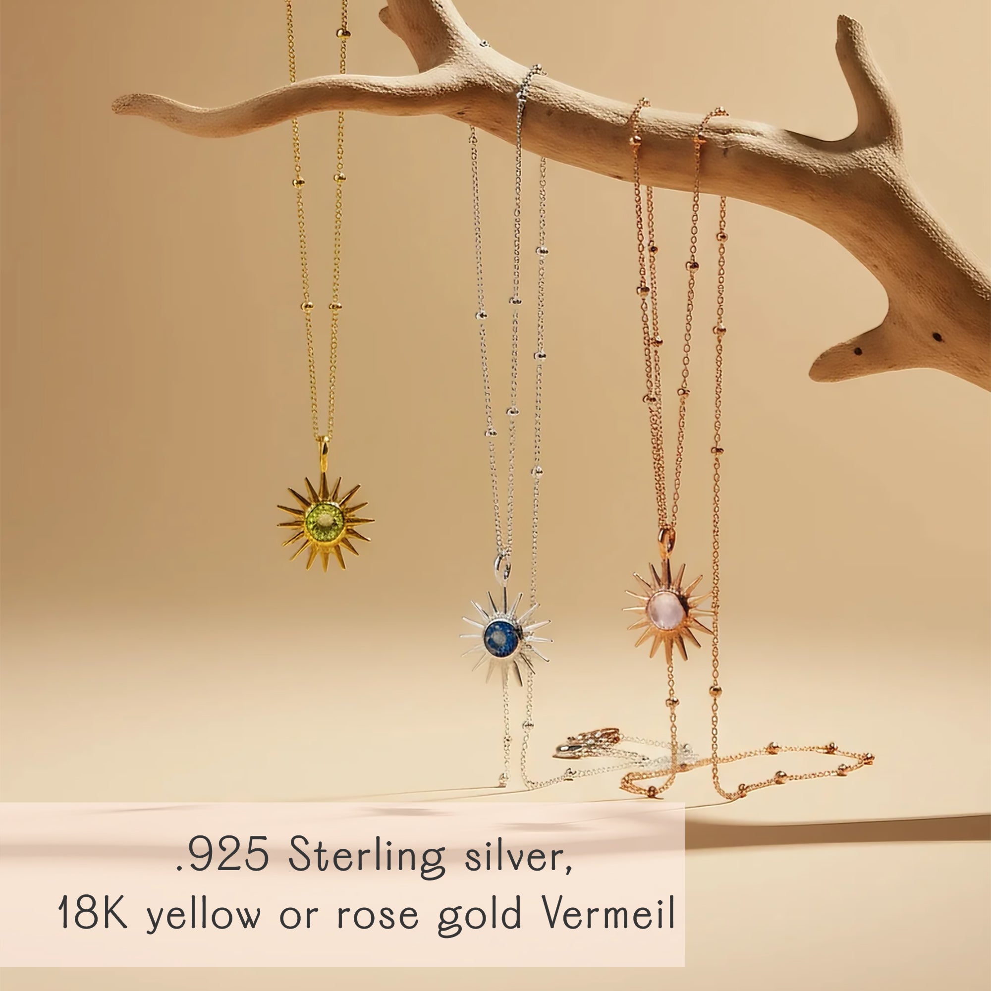 Custom birthstone sun pendant necklaces in gold, sterling silver and rose gold hanging from a sculptural wood branch on a warm beige background, each radiant sunburst pendant featuring a different colorful gemstone center on a delicate satellite chain. Personalized sun necklace perfect as a custom birthstone gift for her, ideal for birthdays, Mother’s Day, Christmas or bridesmaids, and a dainty everyday layering piece.